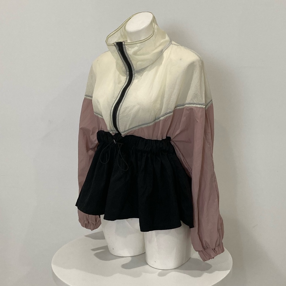 ZARA Long Sleeve Zip Neck Peplum Windbreaker Pink Black Cream M